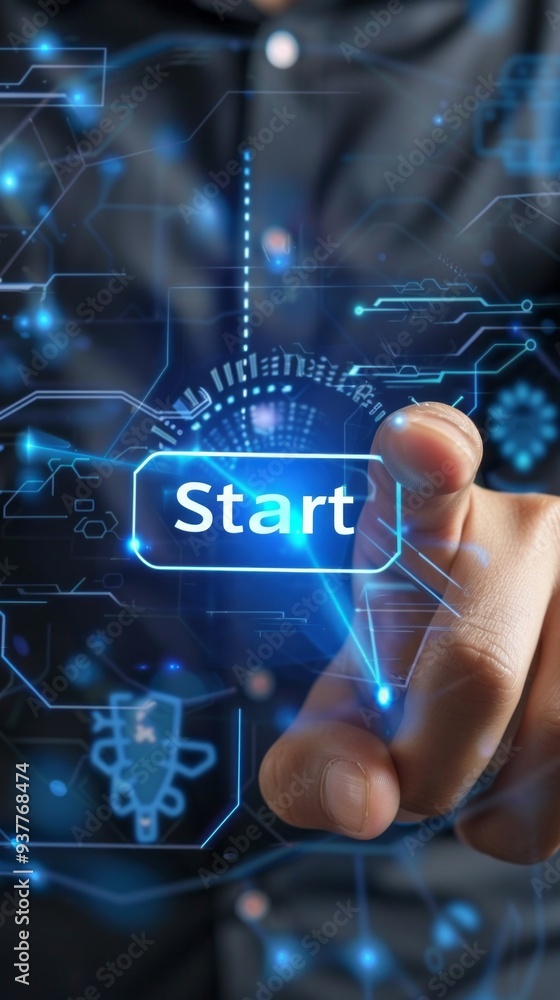 Poster a person is pressing a start button on a computer screen