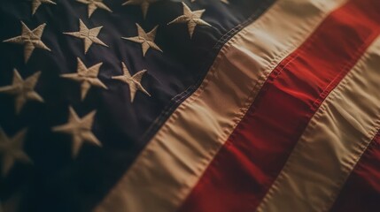 A detailed close-up of the American flag, with the focus on the stars and stripes, captured in a gentle breeze, symbolizing the pride, freedom, and heritage of the nation, with a blurred background