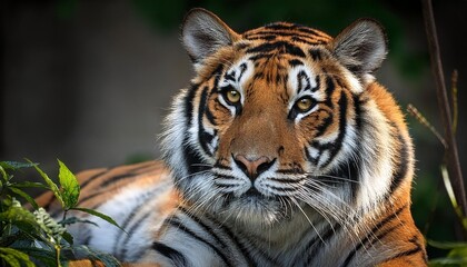 Fototapeta premium Close-up of a majestic tiger resting in a natural habitat.