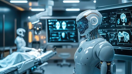 Fototapeta premium A futuristic hospital or clinic setting with AI-powered robotic assistants helping doctors perform surgeries, with monitors displaying real-time patient data, showcasing the integration of AI and