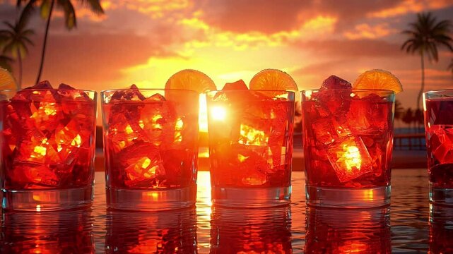 Colorful drinks filled with ice sit on a reflective surface during a stunning sunset by the beach, creating a vibrant and relaxing atmosphere.