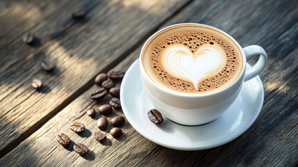Cappuccino with heart-shaped latte art on a wooden table, coffee beans scattered around
