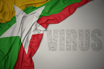 waving colorful national flag of myanmar on a gray background with text virus .
