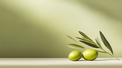 Minimalistic arrangement of two green olives with a branch on a light green background