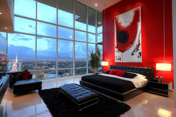 A contemporary master bedroom with a bold design