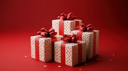 Obraz premium Festive Christmas Presents with Red Ribbons on Red Background