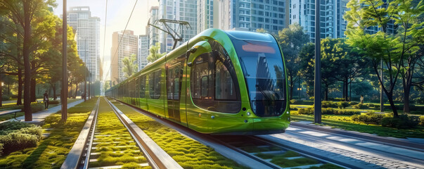Modern Green Tram Glides