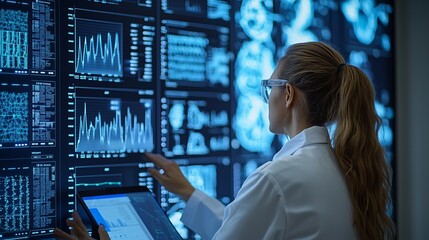 A scientist analyzing medical data on a digital screen in a modern laboratory setting.