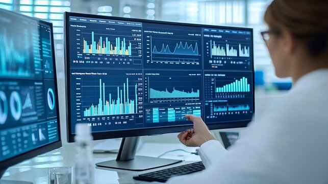 A professional analyzing data on multiple computer screens, showcasing graphs and statistics in a modern office environment.