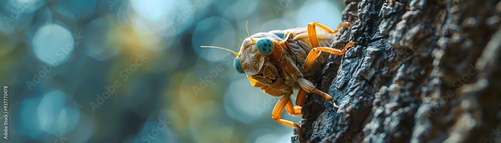 Poster cicada shell clinging to tree bark a reminder of transformation and life cycle