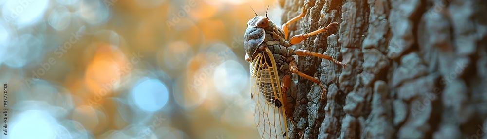 Poster abandoned cicada shell on tree bark symbolizes transformation and change