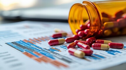 Close-up of spilled colorful capsules on a financial report, symbolizing the intersection of healthcare and business analytics.