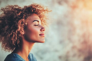 Peaceful woman with curly hair eyes closed with a glowing brain made of neural connections symbolizing mindfulness inner strength and the fusion of human thought with digital technology