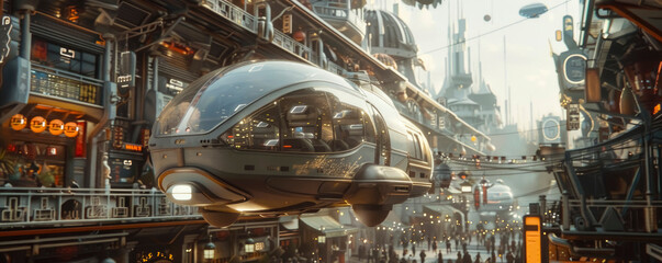 A sleek, futuristic hovercraft glides through a bustling neon-lit city, surrounded by towering buildings and vibrant crowds, showcasing advanced urban life.