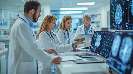 Fototapeta premium Healthcare professionals collaborate in a modern lab, analyzing medical data and discussing patient health outcomes.