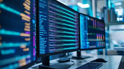 High-tech workspace featuring multiple monitors displaying colorful data analysis and programming code in a modern office environment.