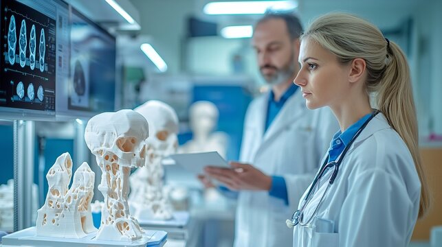 Medical professionals analyzing skeletal models and digital images in a modern lab environment, showcasing anatomy and technology.