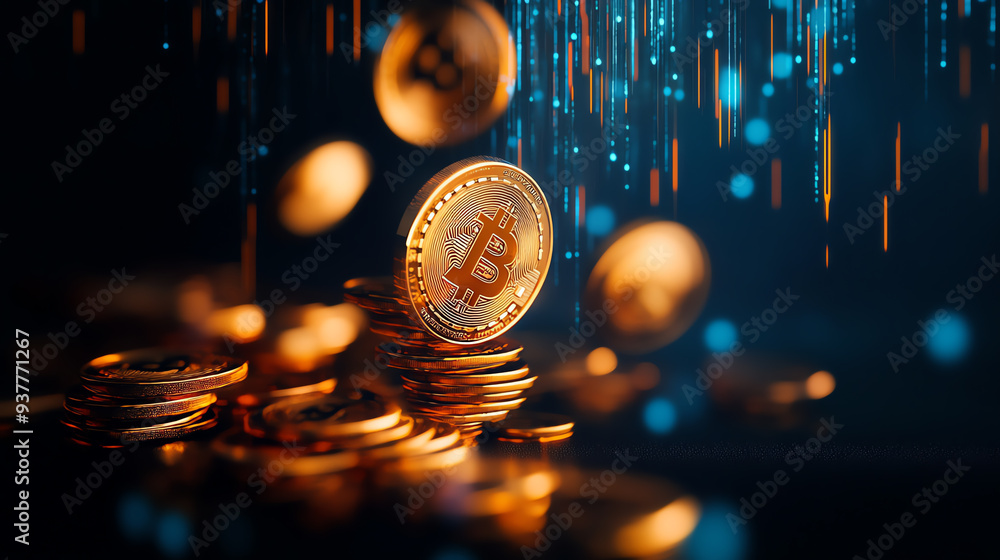 Poster a dynamic image of floating bitcoin coins with sparkling effects, symbolizing cryptocurrency wealth 