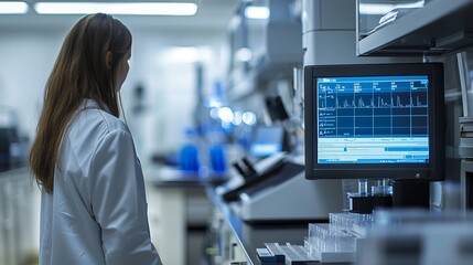 Scientist in a lab coat analyzing data on a computer in a modern laboratory filled with scientific equipment.