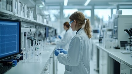 Scientist in lab coat conducting experiments in a modern laboratory with scientific equipment and technology.