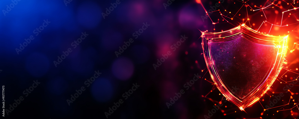 Poster abstract digital shield design representing security and protection in a vibrant, futuristic style w
