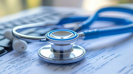 A close-up of a stethoscope on a medical report, symbolizing healthcare and patient care in a clinical setting.