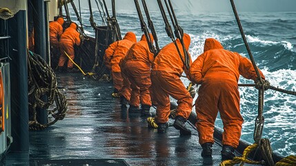 Crew members pulling in lines with muscles straining from the effort