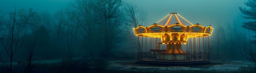 Fototapeta premium Glowing Carousel in an Abandoned Amusement Park at Night Haunting Concept with Copyspace