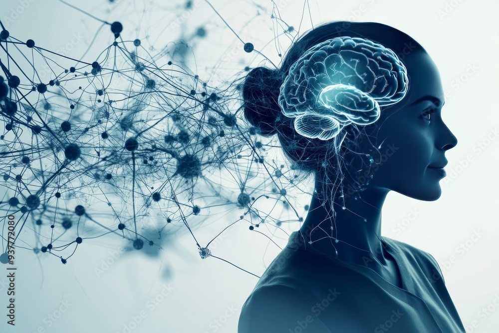 Poster profile of a woman with a digital brain made of connected nodes and lines representing the interconn