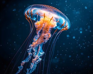 Glowing Jellyfish Floating in the Dark Depths of the Ocean Ethereal Bioluminescent Seacreature in Mysterious Underwater Dreamscape