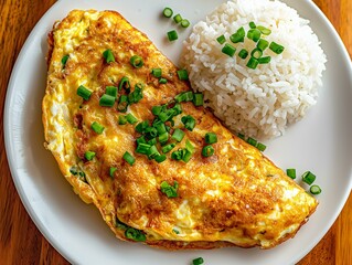 Photo Of A Seasoned Omelette With Rice On A Plate, Rustic Wooden Table, Ideal For Breakfast Or Casual Dining, Perfect For Blog Posts And Culinary Presentations