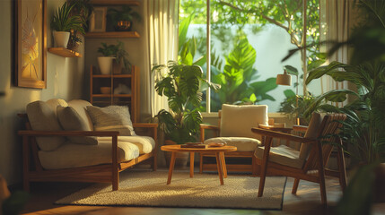 Fototapeta premium Cozy Living Room with Warm Natural Lighting and Wooden Furniture