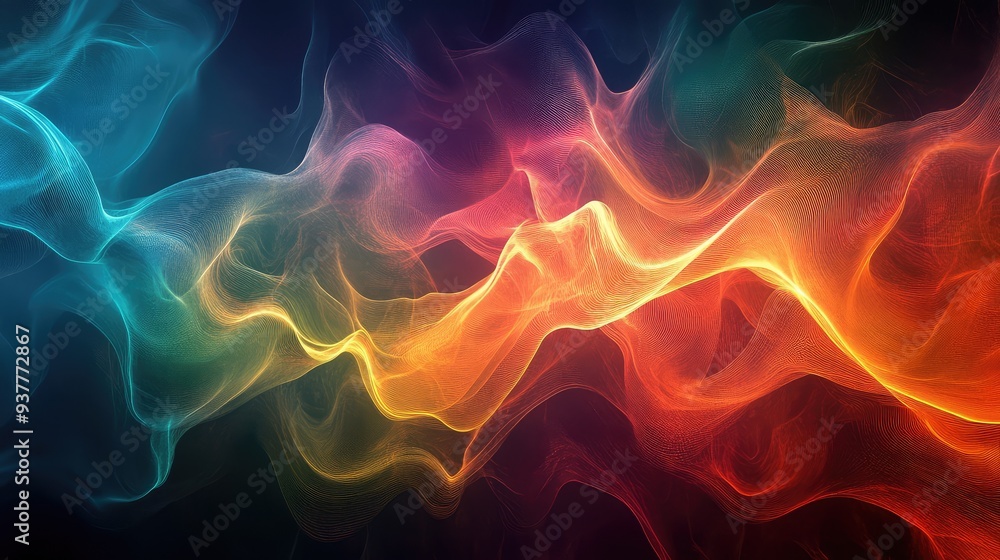 Poster abstract image of liquid light merging and flowing in a wave-like pattern, with radiant, glowing col