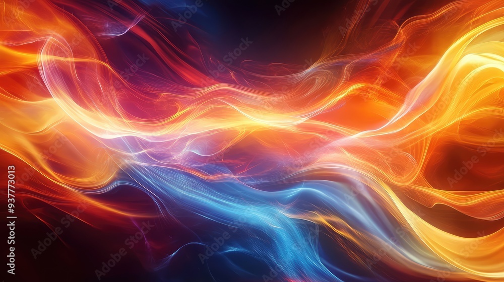 Poster abstract image of liquid light merging and flowing in a wave-like pattern, with radiant, glowing col