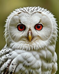 Obraz premium A close-up of a snowy owl with bright red eyes looking directly at the camera.