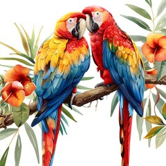 Obraz premium a painting of 2 colorful parrots on a branch tree, front view, on a white background
