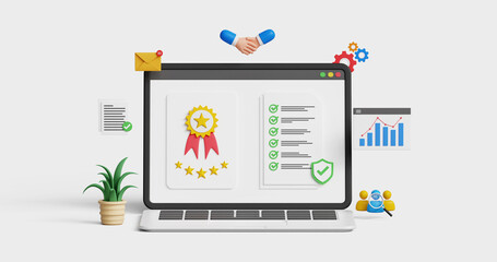 ISO certification and standardization, certification assurance guarantee concept. Quality Control, top service, assure excellence. 3D laptop with 5 star quality badge and certified note