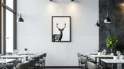 Create a modern restaurant interior with sleek black and white decor, displaying a hand-made painting of a deer in a minimalist frame mockup on a white wall. generative ai