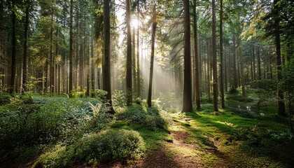 Obraz premium A tranquil forest with sunlight filtering through tall trees.
