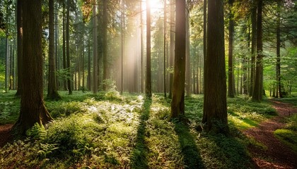 A tranquil forest with sunlight filtering through tall trees.