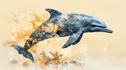 Obraz premium A vibrant dolphin leaps gracefully through splashes of color, showcasing the beauty and elegance of marine life in a stunning composition.