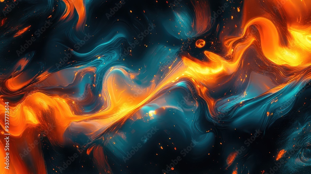 Poster abstract liquid light with fluid, glowing shapes and colors, creating a sense of depth and motion.