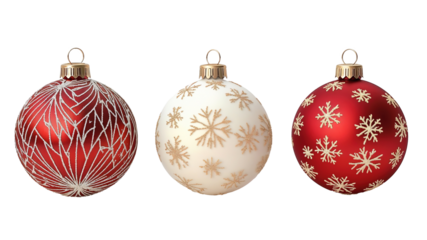 Three red and white Christmas ornaments are shown on a yellow background