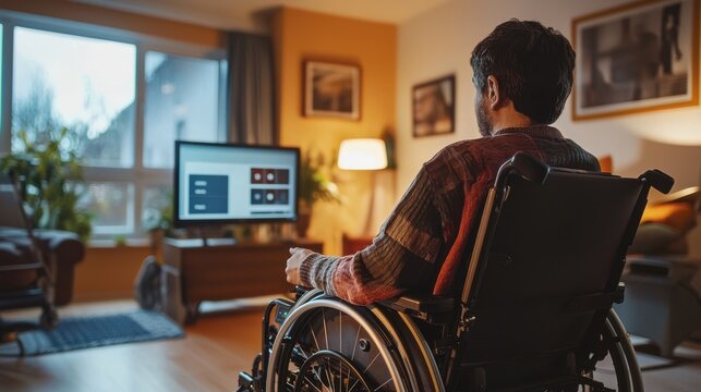 A person with disabilities using a voice-activated smart home system to control lights and temperature, the user interacting with a screen displaying options, the environment adapted for