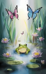 Beautiful serene watercolor image of butterflies around a frog in a pond with water lillies