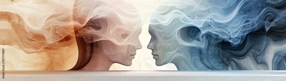 Poster abstract depiction of two human profiles blending with colorful smoke, symbolizing connection and co