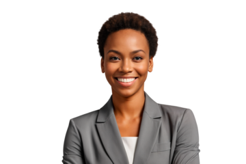 A professional headshot of a smiling young African American woman in a suit, isolated against a transparent background.