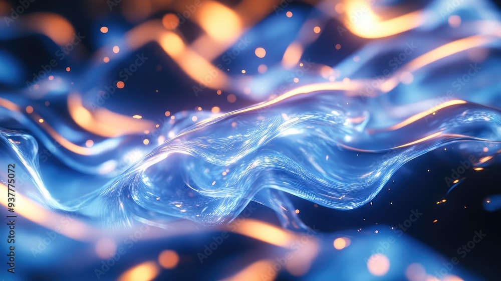 Poster glowing liquid light moving in fluid, organic shapes, creating a tranquil and mesmerizing visual eff