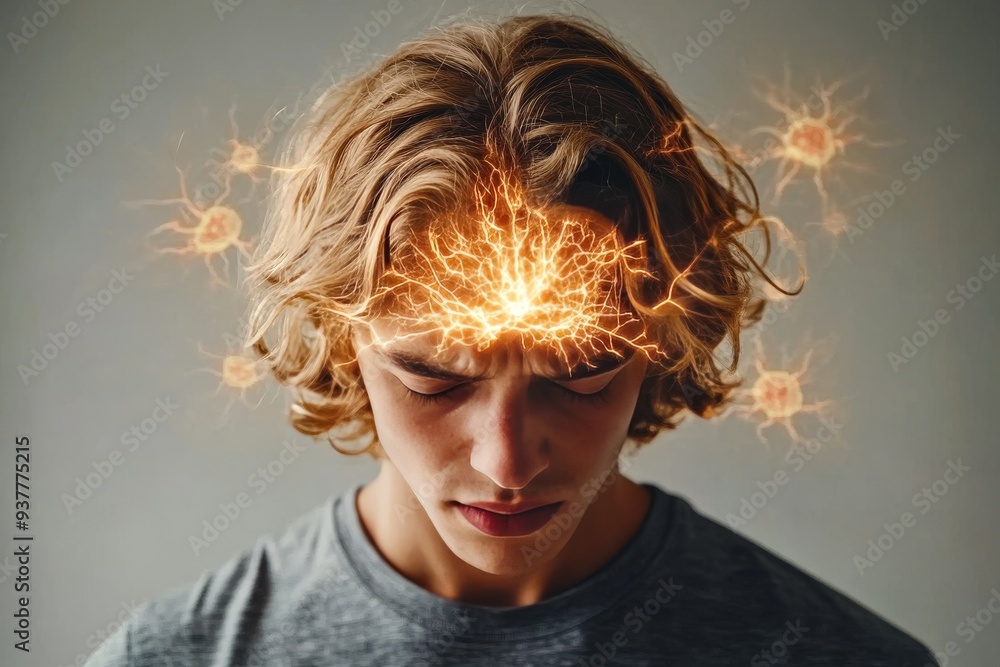 Poster pensive young man with glowing brain overlay symbolizing the power of introspection cognitive proces