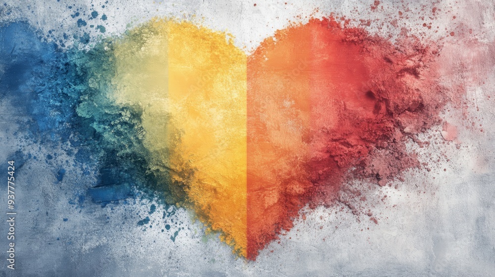 Poster a vibrant heart shape created with colorful dust, representing love and unity in a dynamic and artis